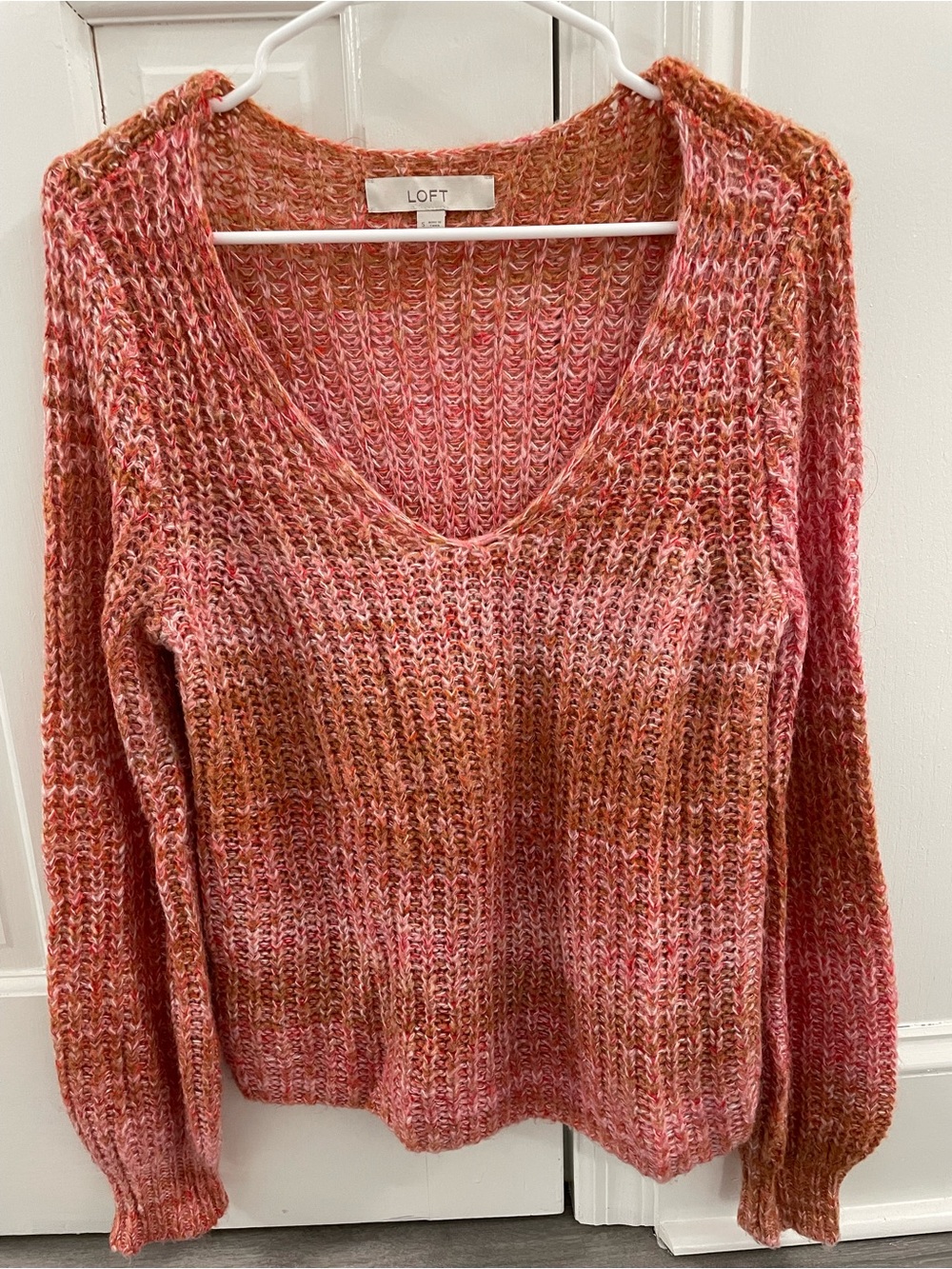LOFT Marled Pink and Rust V-Neck Pullover Sweater